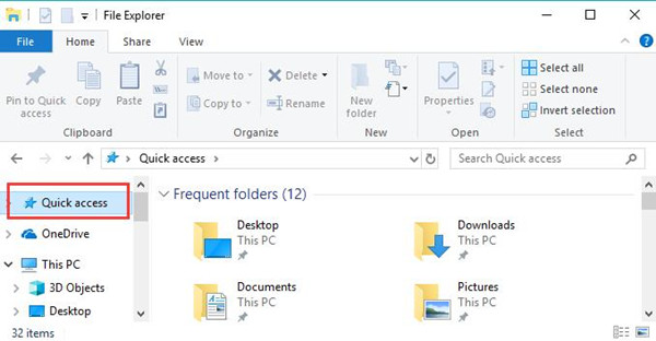 quick access tab in file explorer