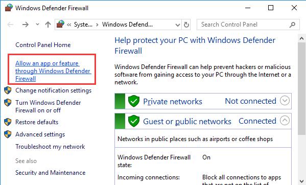 allow an app to feature through windows defender firewall