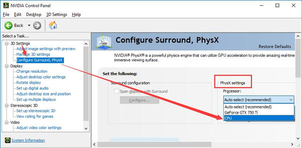 configure surround physx cpu
