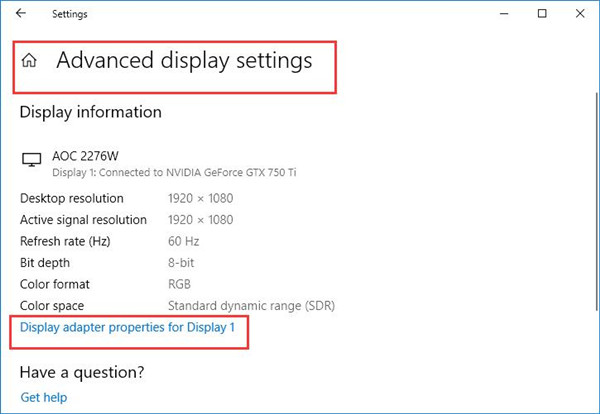 display adapter properties to display1