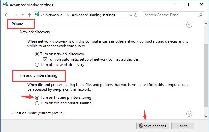 turn on file and printer sharing