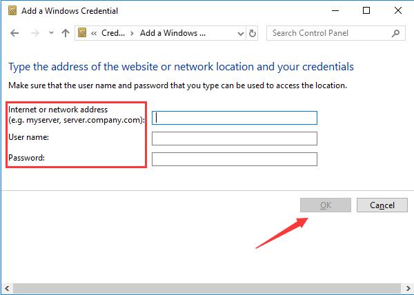type address of website or network location and your credentials