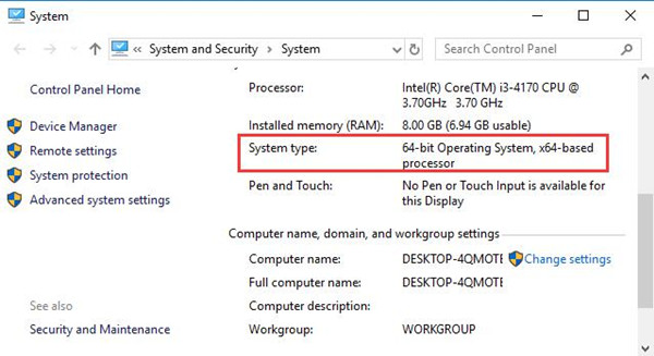 windows10 64 bit in pc installed memory