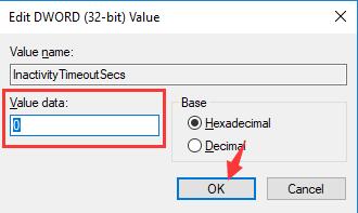 change inactivitytimeout secs value data to 0