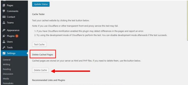 delete wordpress cached pages