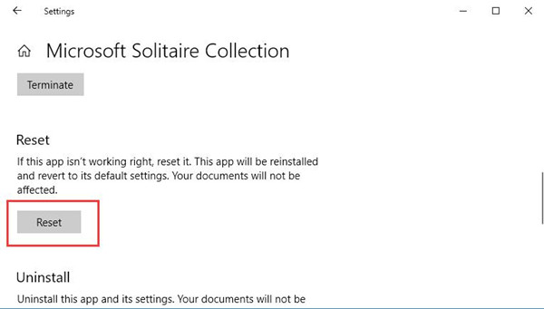 reset microsoft solitaire collection