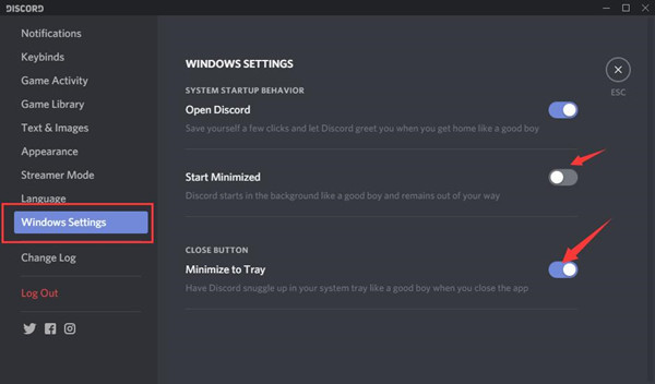 windows settings in discord