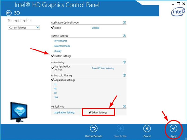 custom settings for intel card