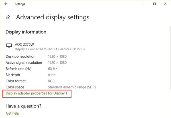 display adapter properties for display 1