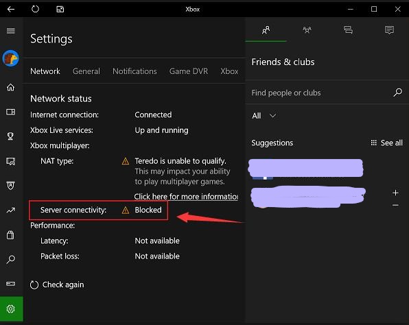 xbox server connectivity blocked windows 10