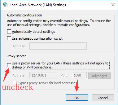 uncheck the box of use a proxy server