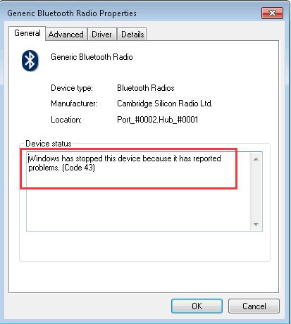 cambridge silicon radio bluetooth cannot start code 10