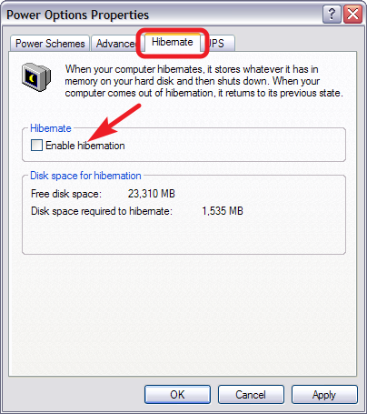 disable hibernation on xp