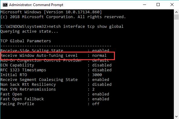 netsh interface tcp show global