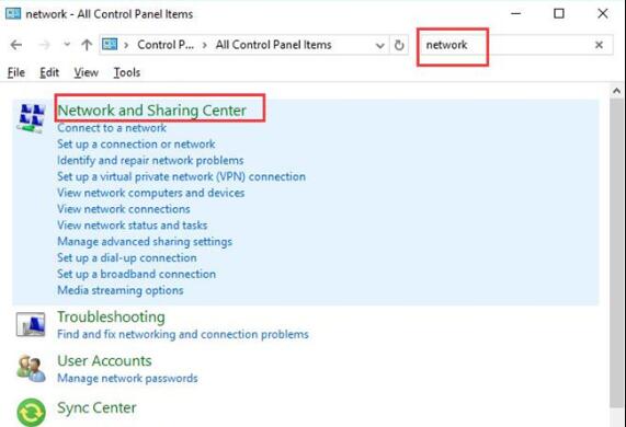 network and sharing center in control panel