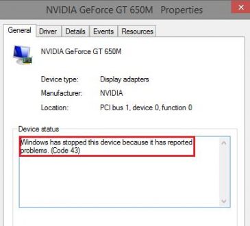 nvidia driver code 43 error