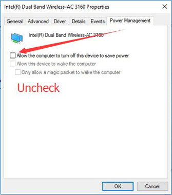 uncheck wifi power management