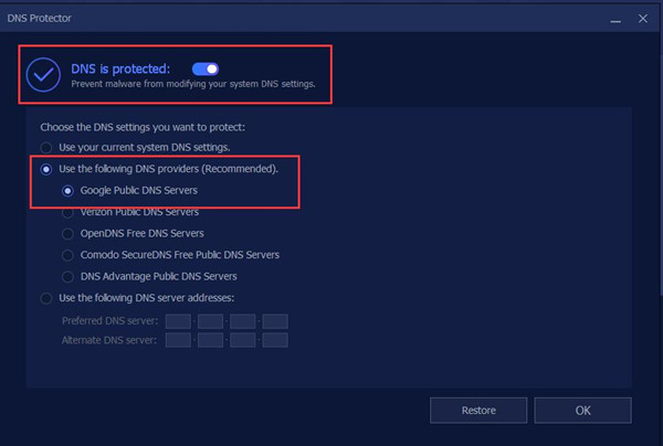 choose the dns settings you want to protect
