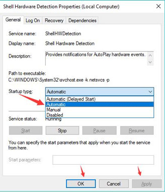 set shell hardware startup type as automatic