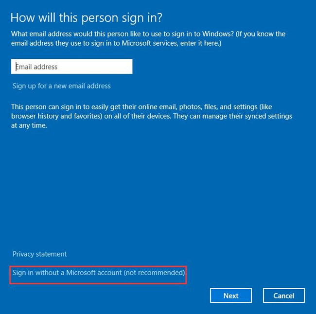 sign in without a microsoft account