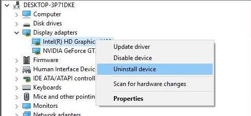 uninstall display driver in device manager