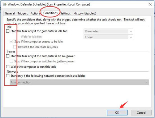 windows defender scheduled scan properties conditions