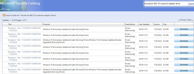 search broadcom 802.11n network adapater drivers on microsoft update catalog