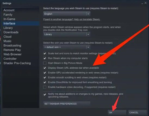 display steam url address bar when available