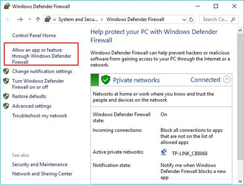 allow an app or feature through windows defender firewall