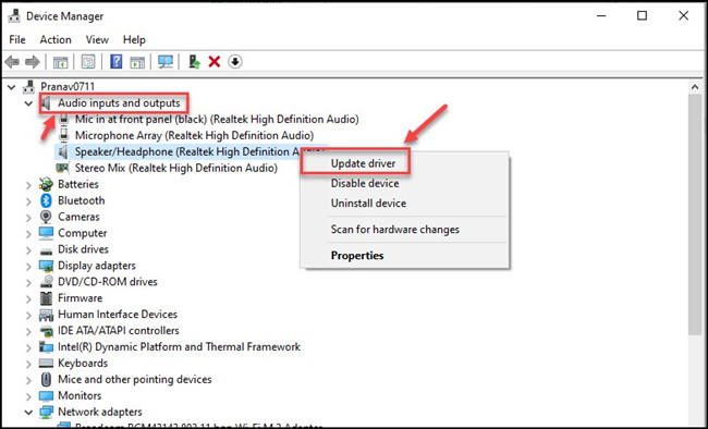 audio inputs outputs sound driver update