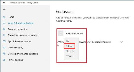 add an exclusion folder in windows defender