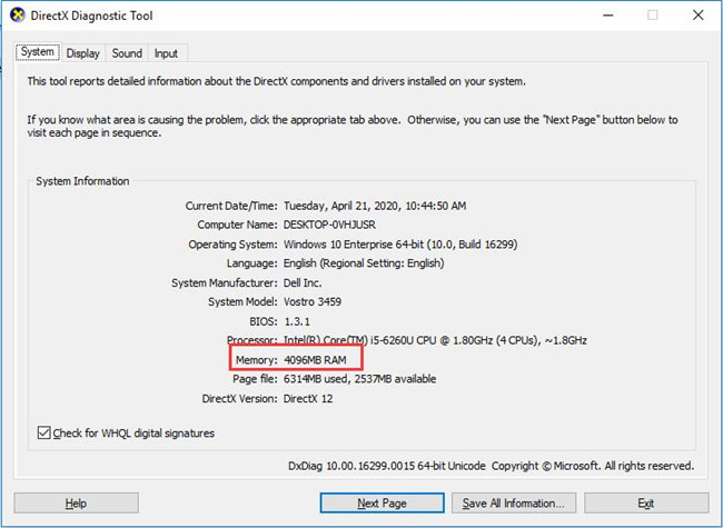 check ram directx diagnostic tool