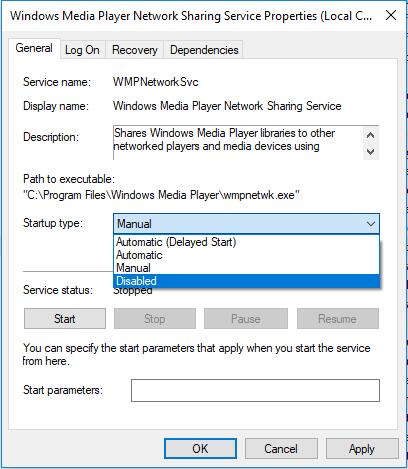 disable windows media player network sharing service