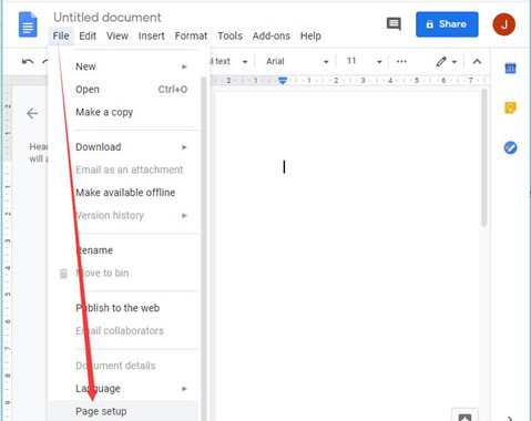 file page setup on google docs