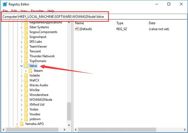 registry editor steam valve