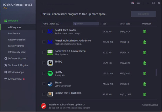 uninstall programs in iobit uninstaller