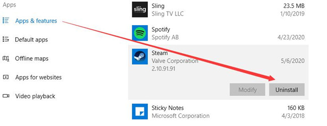 uninstall steam in apps