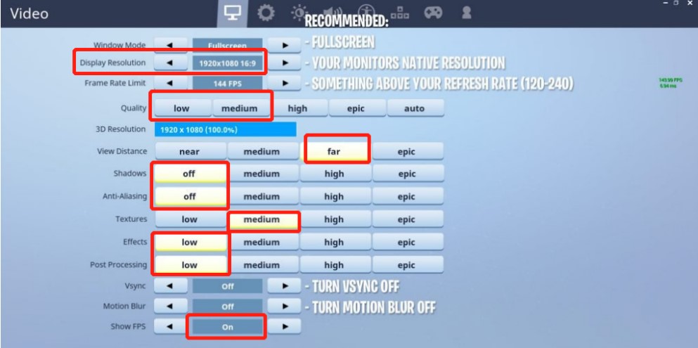 turn down the graphics settings in fortnite