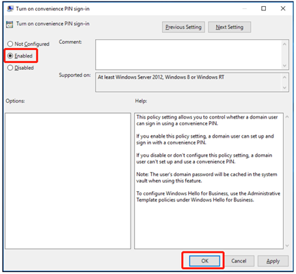 enable turn on convenience pin sign in policy