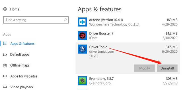 delete driver tonic windows 10 apps