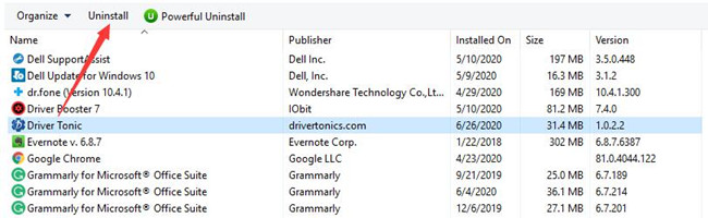 uninstall driver tonic control panel
