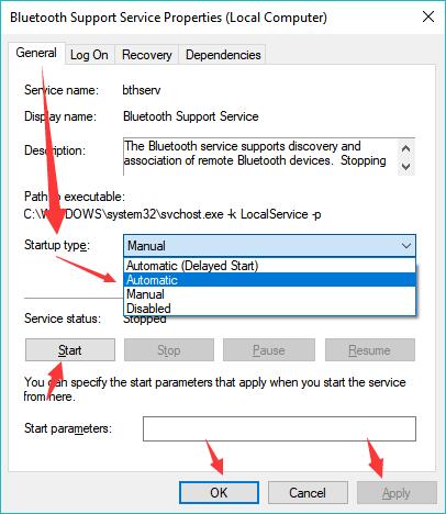 start bluetooth support service automatic