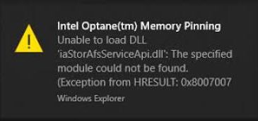intel optane memory pinning unable to load dll error