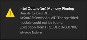 intel optane memory pinning unable to load dll error