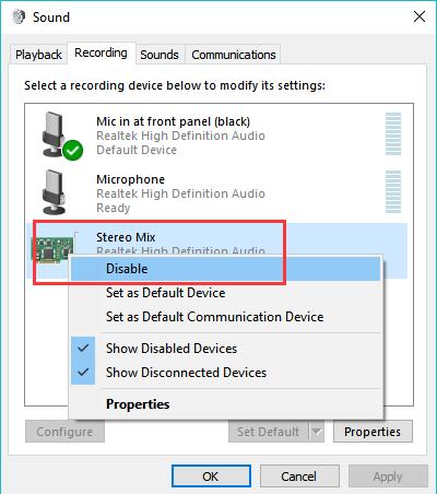 disable stereo mix audio device