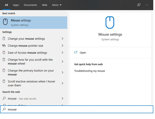 search mouse settings