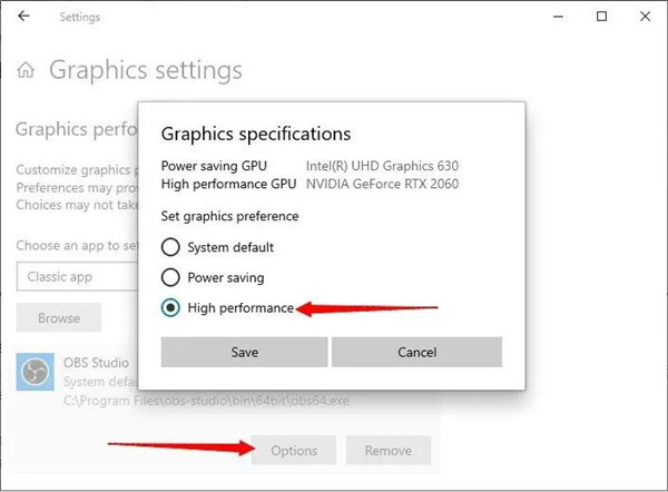 set high performance for obs studio