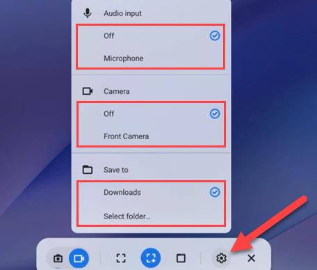 chromebook screen capture click the gear icon
