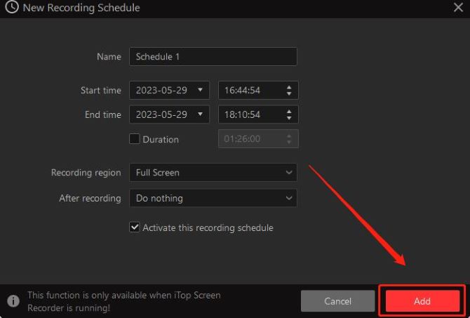 itop screen recorder recording schedule add