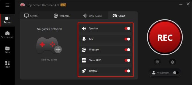 itop screen recorder game mode turn on webcam, microphone, speaker